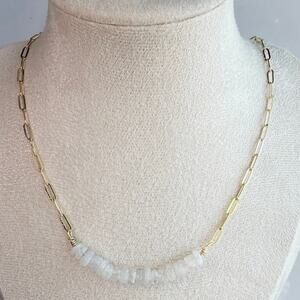 17" Gold Plated Delicate Paperclip Chain w/ Rainbow Moonstone Focal, Adjustable